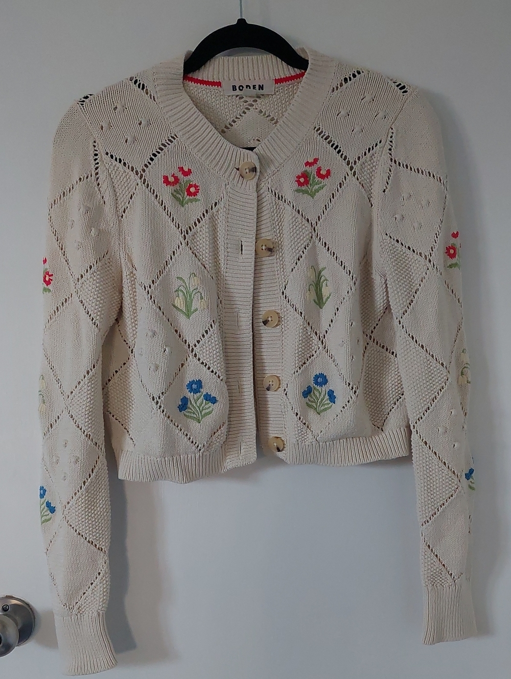 Boden Cream Floral Embroidered Cropped Cardigan with Red & Blue Accents
